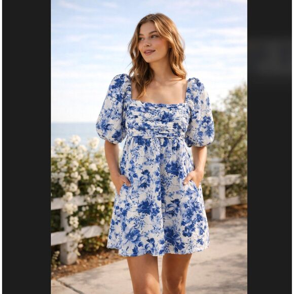 Abercrombie & Fitch Dresses & Skirts - Abercrombie Emerson Mini Dress LP Petite Blue Floral Puff Sleeve Linen Pockets